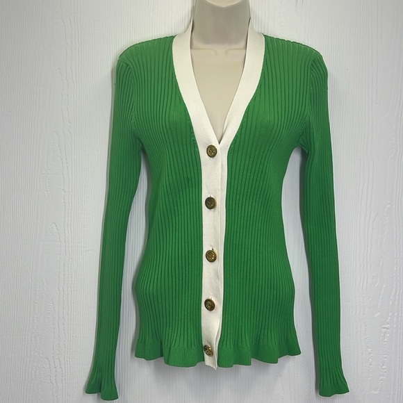 Boston Proper - Ribbed Bright Green White Trim Gold Button Cardigan Size Medium - Picture 6 of 10